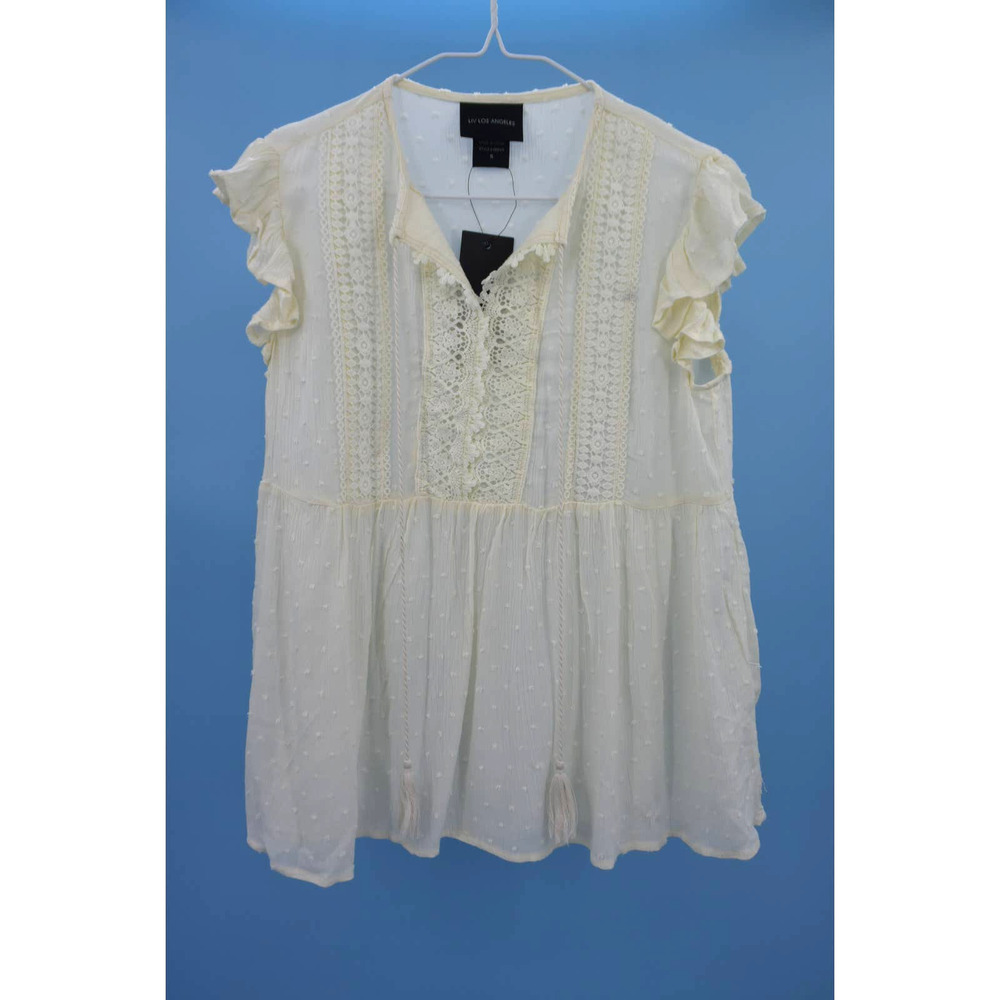 Liv Los Angeles Ivory Swiss Dot Lace Ruffle Cap Sleeve Blouse Womens S